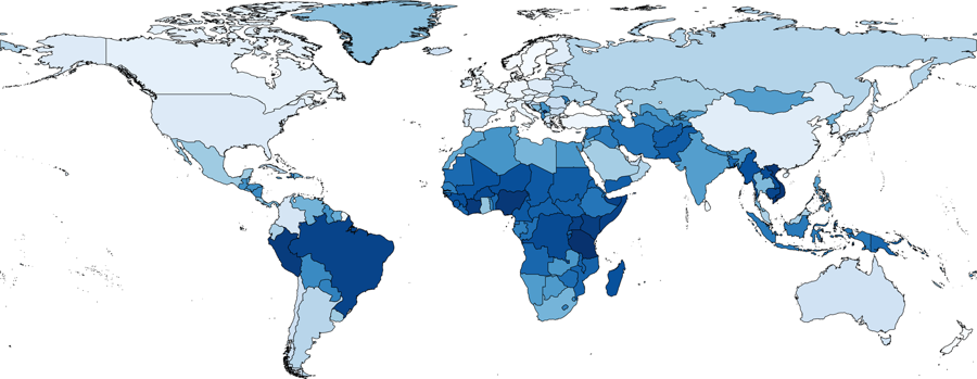 Previsions globals sobre l’abundància de la resistència als antimicrobians (AMR) a tots els països i territoris del món. Mapa acolorit segons l'abundància prevista d'AMR de color blau clar (baixa abundància d'AMR) a blau fosc (abundància d'AMR alta).
